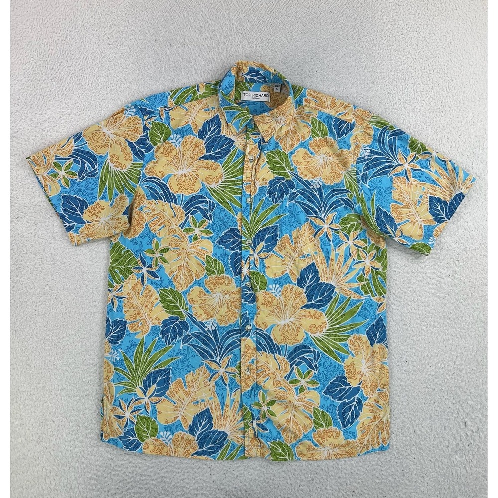 Tori Richard Shirt Mens Medium Blue Floral Short Sleeve Button Up Hawaiian